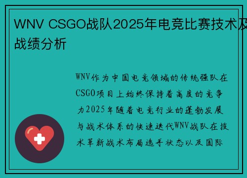 WNV CSGO战队2025年电竞比赛技术及战绩分析